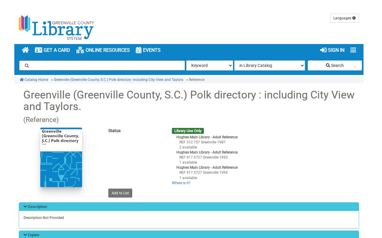 Wade Hampton city directory Polk Greenville catalog record and historical holdings