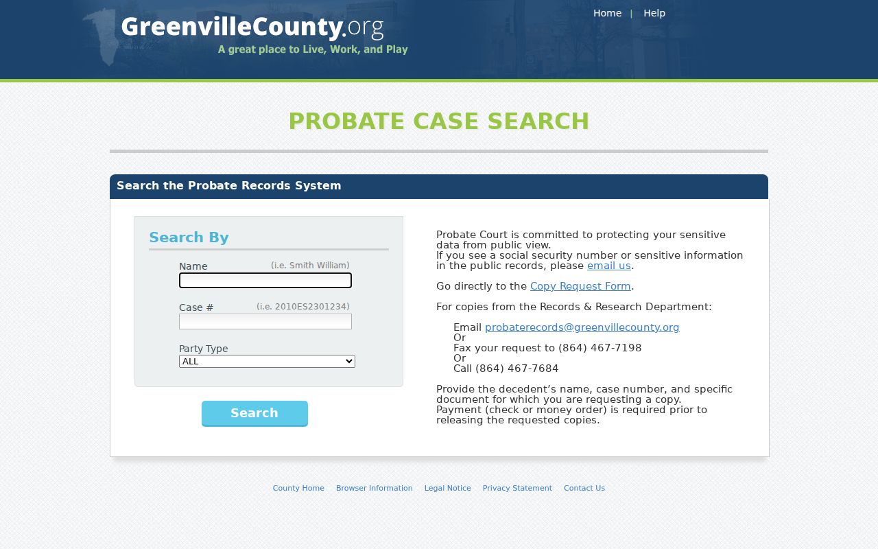 Wade Hampton resident lookup through Greenville Probate name and case search