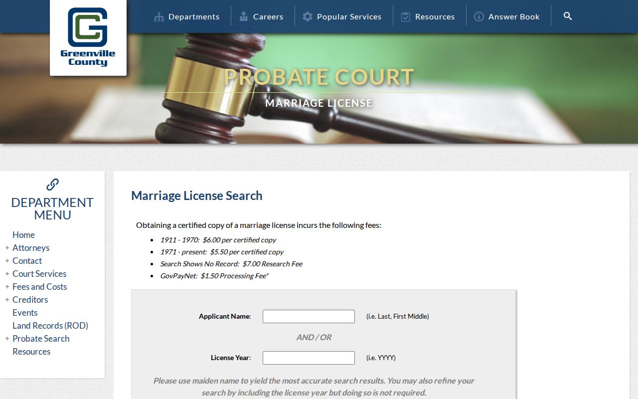 Wade Hampton resident lookup using Greenville County marriage license search